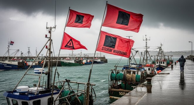 Fishing boats docked in a harbor, with red warning flags and a storm warning sign, under a cloudy sky with dark clouds.