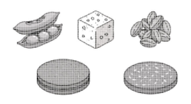 Halftone illustrations of food items and a dice on white background