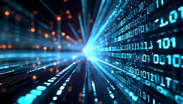 Glowing blue binary code flows through a futuristic digital tunnel at high speed.