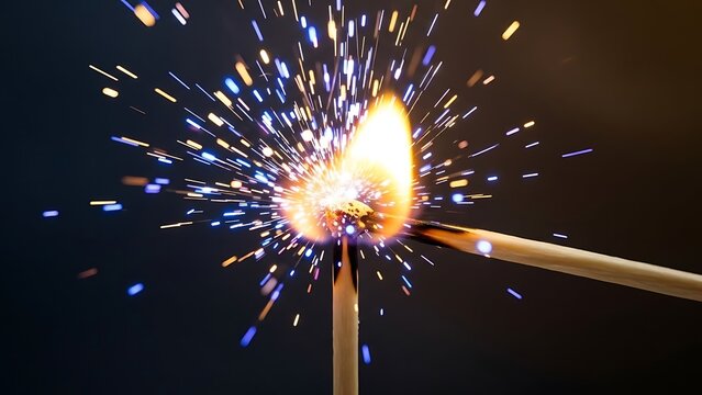 Two wooden matches igniting, creating a brilliant burst of fiery sparks and vibrant light.