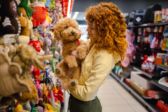 Young woman with poodle in pet shop