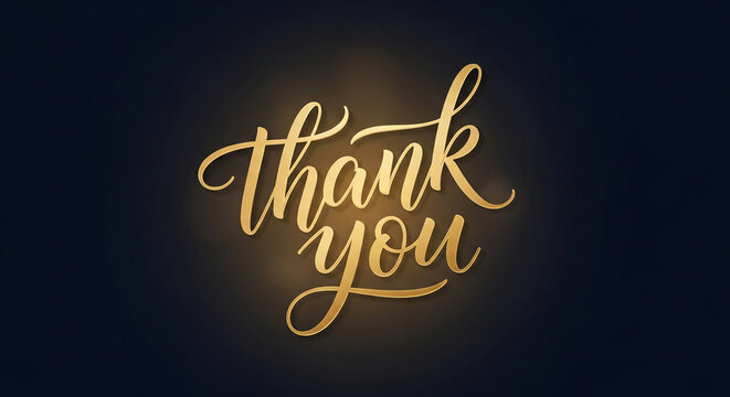 Golden script "Thank you" on dark gradient, representing gratitude, appreciation, or acknowledgement for service, kindness, or gift