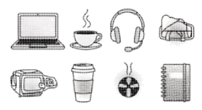 Halftone illustrations of various modern office and technology items on white background
