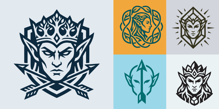 Collection of fantasy elf king and queen emblems with crowns and arrows.