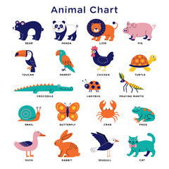 Obraz premium A colorful animal chart featuring various cartoon animals for kids