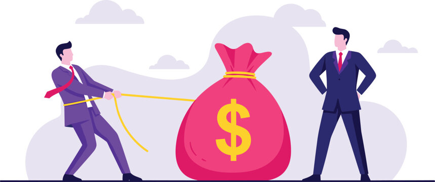 Business competition concept illustration with two businessmen pulling money bag, financial struggle and corporate rivalry vector scene isolated on white background