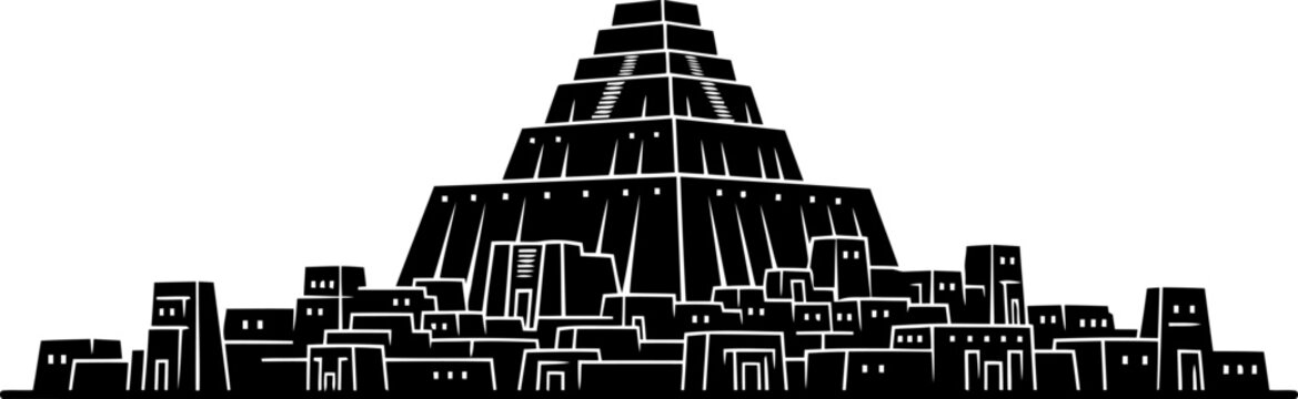 Ancient Ur city silhouette with large central ziggurat, stepped pyramid structure.