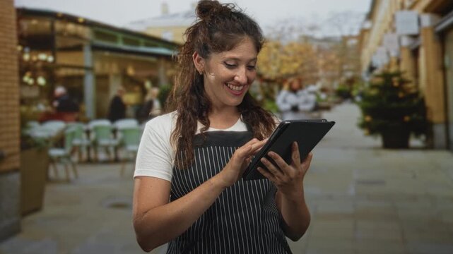 Woman in striped apron tapping tablet on restaurant terrace street while smiling and using both hands to type on screen; small business happiness.
