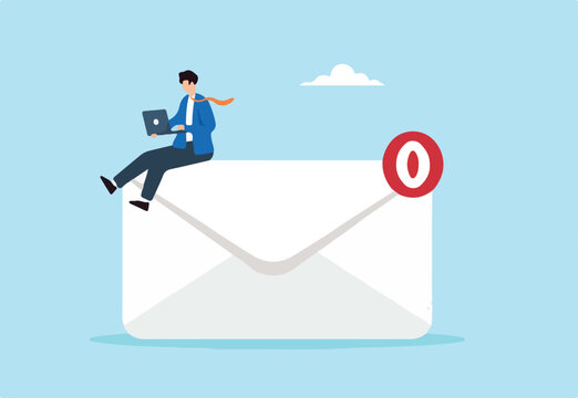 Flat illustration of businessman working with laptop on email envelope zero notification badge inbox management efficiency digital productivity and categorize information