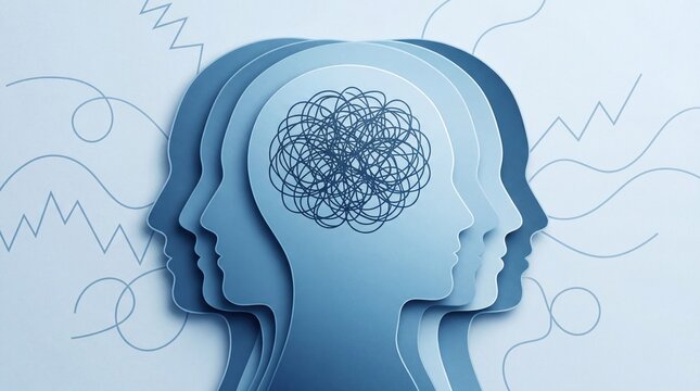 A stylized layered illustration of overlapping human head profiles with a complex brain pattern