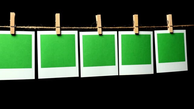 A row of green pieces of paper with a white frame against a black background. The camera pans from left to right, looking down the row of papers. Space for text.