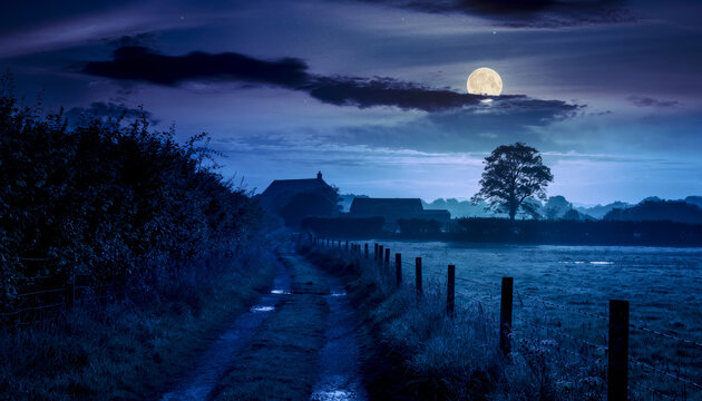 Countryside path leading to farm under full moonlight