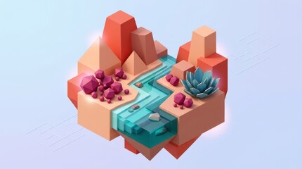 Naklejka premium Stylized Landscape with River and Rocks Landscape Stylized River Rocks Succulent 3D Nature. Concept featuring landscape, stylized, river, rocks, succulent for professional commercial design.