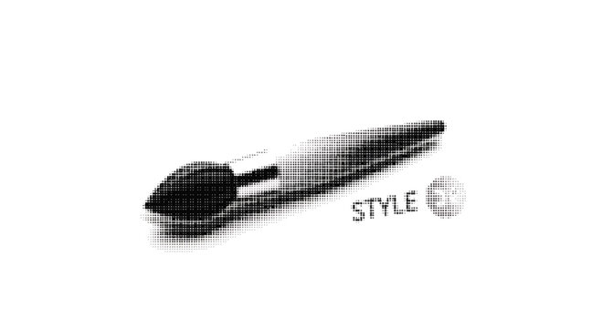 Halftone makeup brush with cosmetics and style text on white background