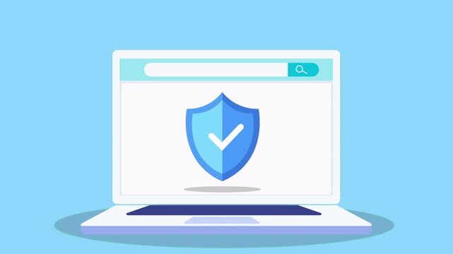 Flat animated video of a laptop displaying a shield with checkmark icon, representing data protection, cybersecurity, secure access, and digital safety.