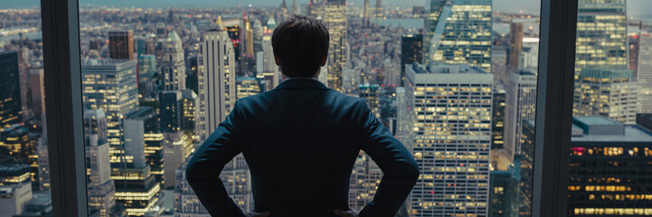 Obraz na płótnie Canvas Back view of a businessman in a suit looking out a window at a city skyscraper, symbolizing leadership and corporate success