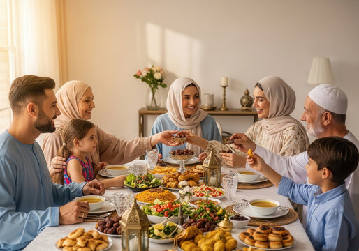 Muslim family enjoying traditional meal together at dining table  
