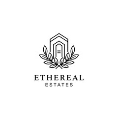 Fototapeta premium Minimalist Line Art Logo for Ethereal Estates with House and Laurel Wreath.