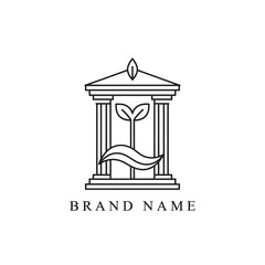 Obraz premium Minimalist Line Art Logo Featuring a Classical Building with a Plant Sprout and Wave.