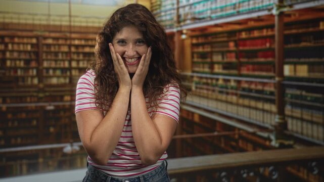 Young woman clapping hands in library building, smiling with hands near face and freckled cheeks; joy curiosity learning.