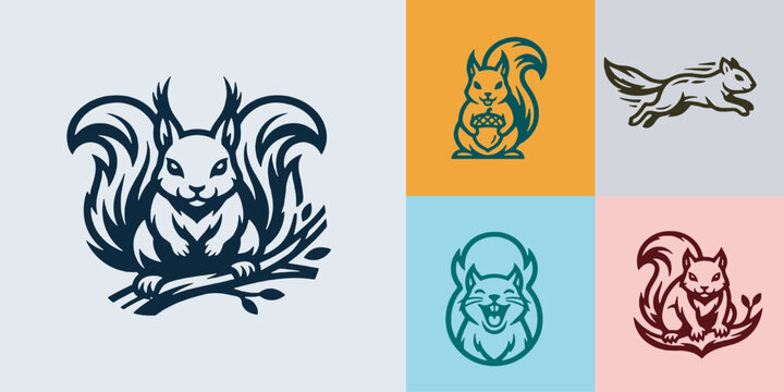 Collection of stylized squirrel illustrations in various poses and colors, perfect for logos and graphic design elements.