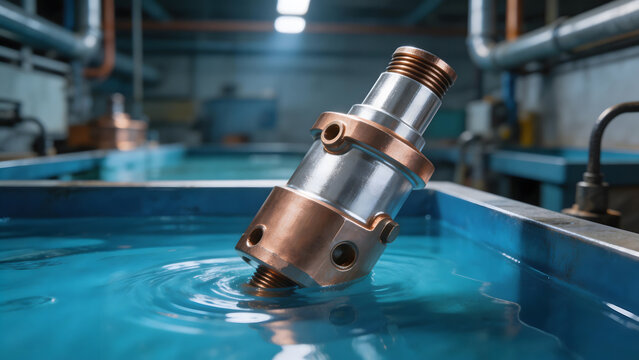 electrolytic. A copper part emerging from a blue electrolytic bath in an industrial setting. safety posters, maintenance manuals, designed for precision metalworking and fabrication facilities.