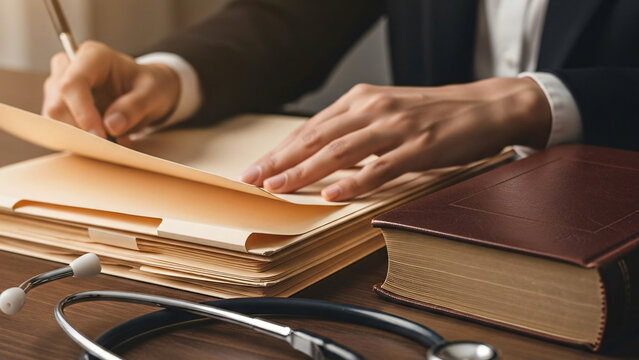 Legal folders and stethoscope on a professional desk