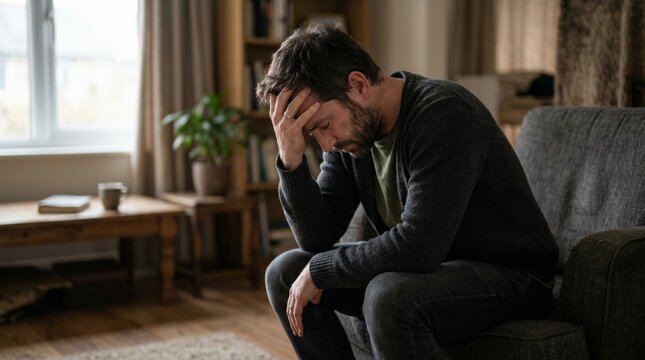 Man experiencing deep shame indoor setting emotional portrait quiet environment close-up view isolation and reflection