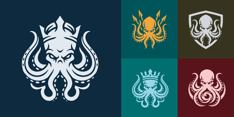 Collection of stylized octopus logos with crowns and shields, representing power and marine life. © Riki