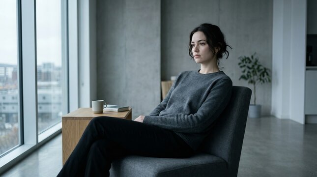 A woman sitting alone in a minimalist modern interior expressing indifference urban apartment lifestyle indoor emotional distance