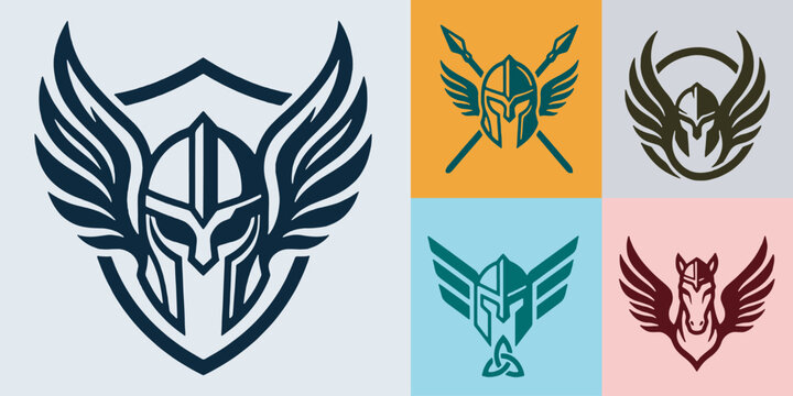 Collection of stylized warrior helmets with wings, shields, and a winged horse emblem.
