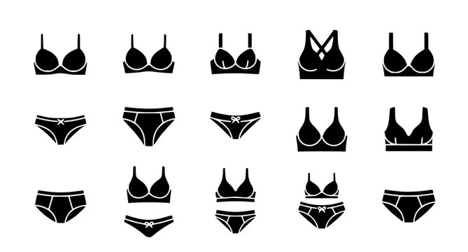 Ladies undergarments icon set with bra and panties vector flat minimal fashion symbols isolated on white

