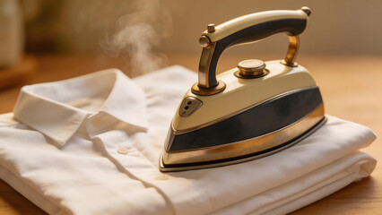 bergere. A vintage iron on a folded white shirt with rising steam in warm nostalgic light. lifestyle magazines, social media lookbooks, designed for influencer and brand collaborations.