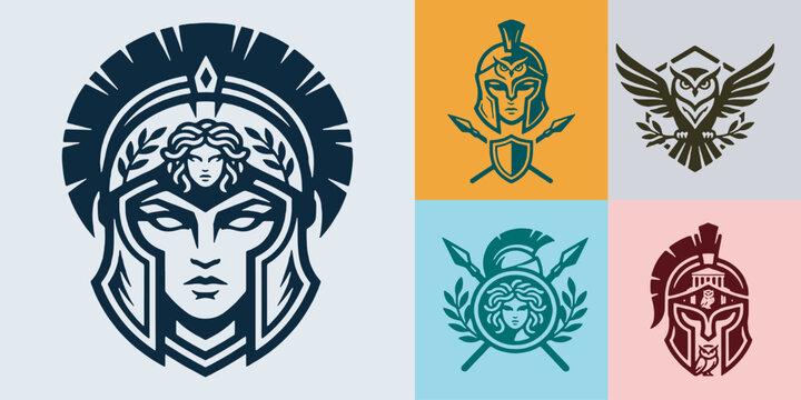 Collection of ancient Greek warrior helmets and symbols, including Athena and an owl, presented in a stylized graphic design.