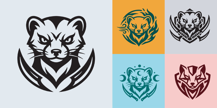 Collection of stylized weasel or ferret head logos with sharp, aggressive features and tribal or abstract elements.