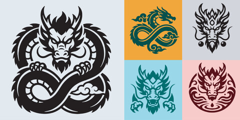 Collection of stylized dragon illustrations in various colors and poses, representing mythical creatures and cultural symbols. © Riki