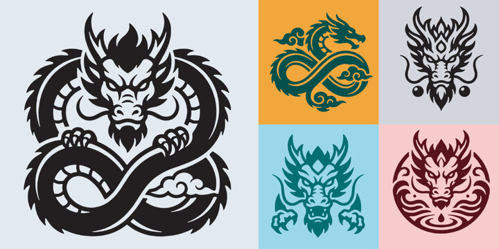 Collection of stylized dragon illustrations in various colors and poses, representing mythical creatures and cultural symbols.