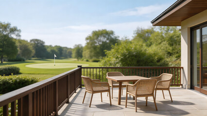 Obraz premium cruets. A serene terrace at a private golf clubhouse surrounded by lush greenery. lifestyle magazines, social media lookbooks, designed for influencer and brand collaborations.