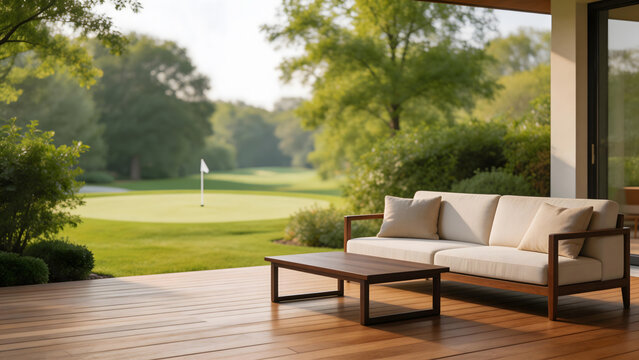cruets. A serene terrace at a private golf clubhouse surrounded by lush greenery. lifestyle magazines, social media lookbooks, designed for influencer and brand collaborations.