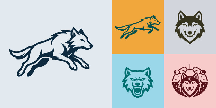 Collection of stylized wolf illustrations and logos, showcasing different poses and expressions.