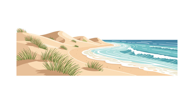 A vibrant sandy beach with rolling dunes and scattered green grasses meets a turquoise ocean with white-capped waves.