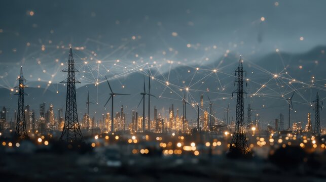 A futuristic cityscape with wind turbines, power lines, and connecting digital network lights symbolizing smart energy and technology integration.