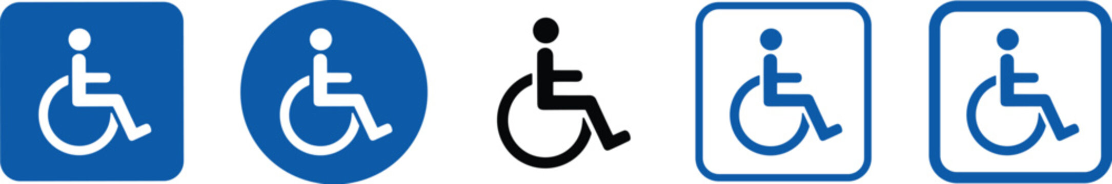 A collection of five blue and white accessibility icons depicting a person in a wheelchair symbolizing disabled access high quality professional detailed modern