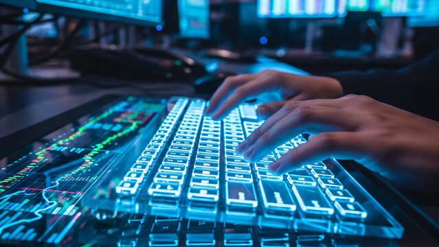 Close up of hands using interactive glass trading station