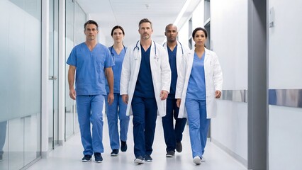Fototapeta premium Medical team walking down a hospital corridor together confidently