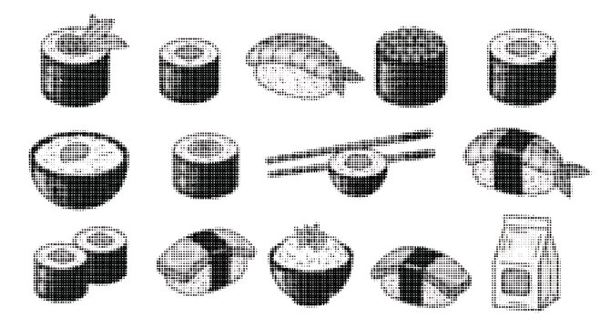 Halftone sushi and maki rolls with chopsticks icons set on white background