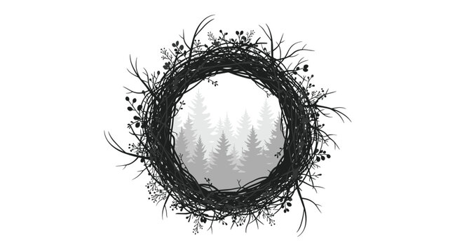 An intricate circular frame of dark intertwined branches with small berries encloses a monochrome forest scene of pine trees on a white background.