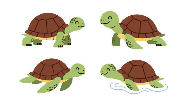 Four cartoon turtles swimming together.