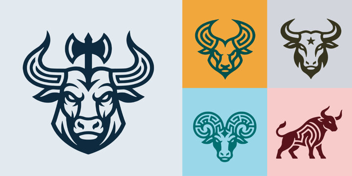 Collection of stylized bull and ram head logos and icons, representing strength and power.