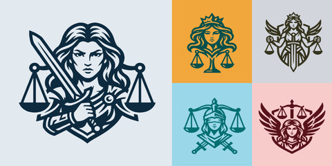 Fototapeta premium Collection of stylized illustrations representing Lady Justice, symbolizing law and order.